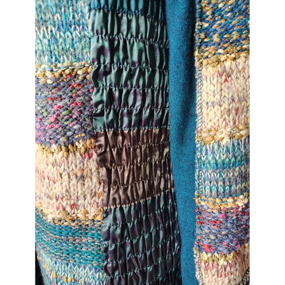 Lulu H Medium Wool Blend Blazer Jacket Teal Blue Patchwork Boho Lagenlook Ruched - Picture 2 of 8